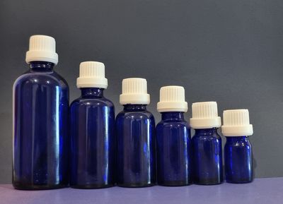 COBALT BLUE GLASS BOSTON AROMA BOTTLES 18mm NECK - 5mL to 100mL  with  WHITE TAMPER (Euro Style) Cap &amp; DRIPULATOR
