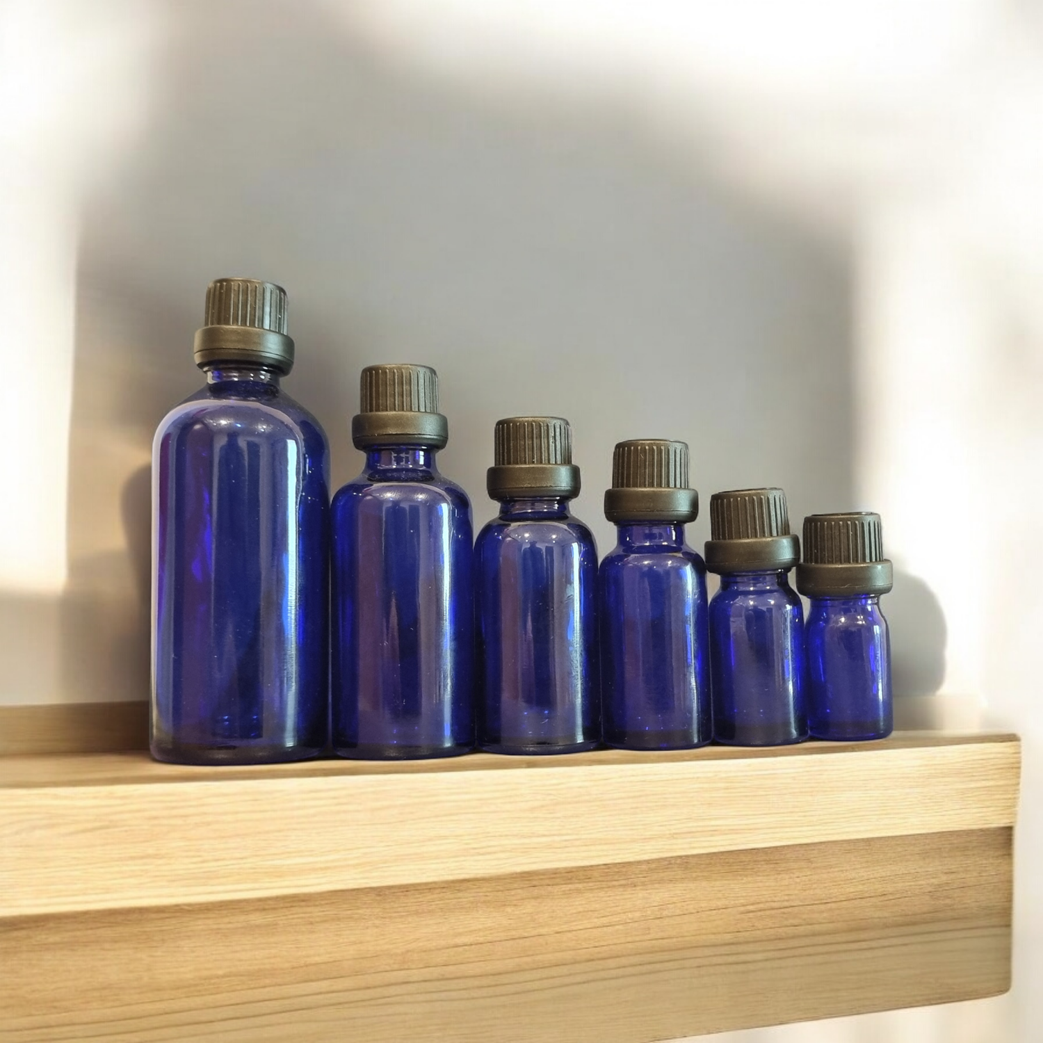 COBALT BLUE GLASS BOSTON AROMA BOTTLES 18mm NECK - 5mL to 100mL  with  BLACK TAMPER (Euro Style) Cap &amp; DRIPULATOR