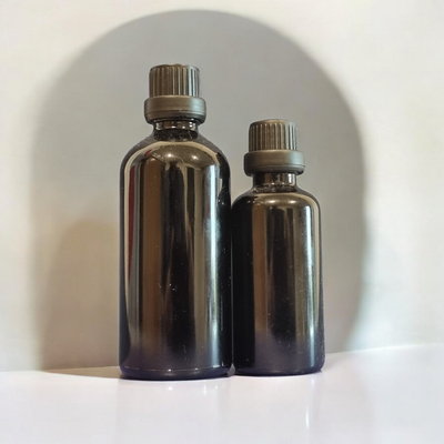 BLACK (GLOSS) GLASS BOSTON AROMA BOTTLES 18mm NECK - 50mL to 100mL  with  BLACK TAMPER (Euro Style) Cap &amp; DRIPULATOR