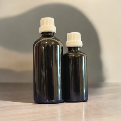 BLACK (GLOSS) GLASS BOSTON AROMA BOTTLES 18mm NECK - 50mL to 100mL  with  WHITE TAMPER (Euro Style) Cap &amp; DRIPULATOR