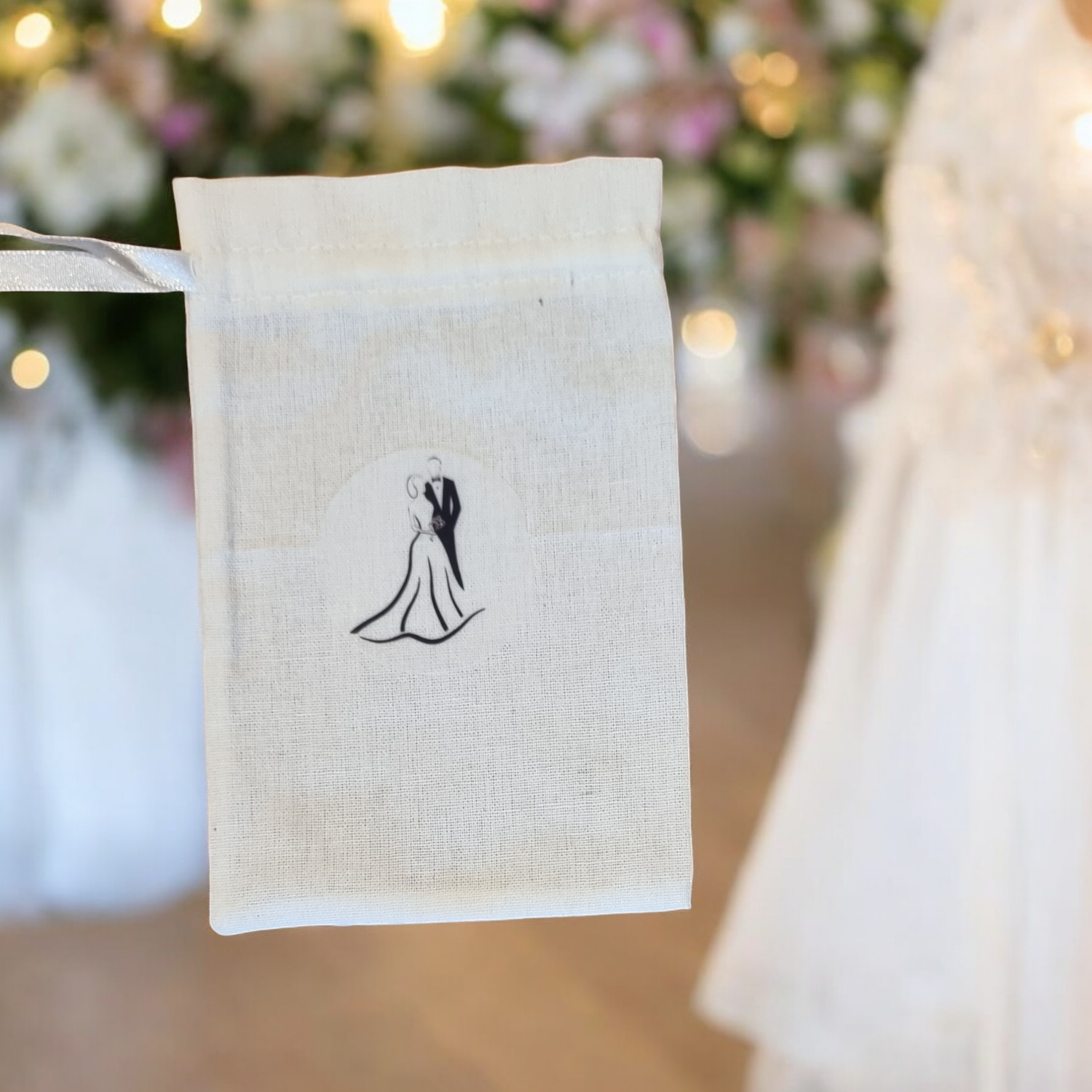 CALICO - WEDDING GIFT DRAWSTRING BAG  15CM X 10CM