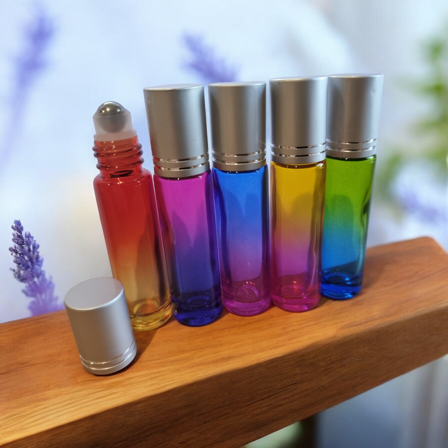 10ml Thick Gradient MIXED COLOURS - Glass Roll On Bottles Steel Roller Essential Oil  with MATT SILVER Caps- PACK OF 5