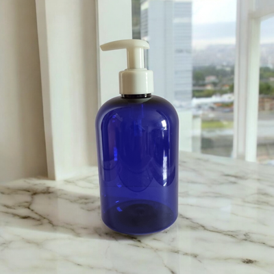 500mL SQUAT Cobalt Blue PET (Plastic) (Non Ribbed) 28/410 WHITE Lotion Pump 2mL Dispensing -