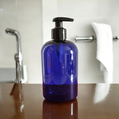 500mL SQUAT Cobalt Blue PET (Plastic) (NON Ribbed) 28/410 BLACK Lotion Pump 2mL Dispensing