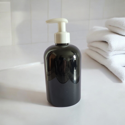 500mL BLACK SQUAT  PET (Plastic) (Non Ribbed) 28/410 WHITE Lotion Pump 2mL Dispensing - SPECIAL BUY