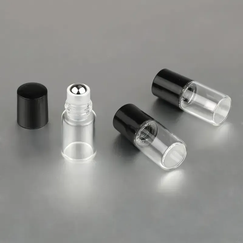 1ml (1/4 Dram) CLEAR Glass Rollon with Metal Roller Ball (Clear Housing) and Black Cap - 50 PC PACK