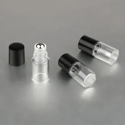 1ml (1/4 Dram) CLEAR Glass Rollon with Metal Roller Ball (Clear Housing) and Black Cap - 50 PC PACK