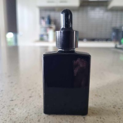 30ml Rectangle BLACK Glass Dropper Bottle with Black Teat Black Gloss Cap &amp; Dropper (COATED BLACK GLASS)