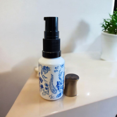30mL SERUM PUMP (PET ♲) PLASTIC ANTIQUE FLORAL BOTTLE