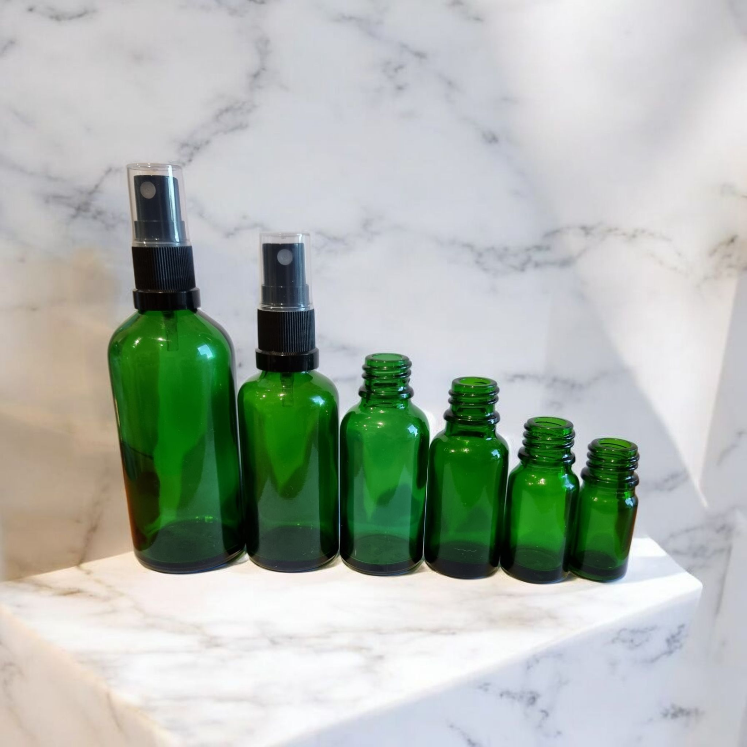 GREEN GLASS BOSTON AROMA BOTTLES 18mm NECK - 5mL to 100mL with BLACK or WHITE SPRITZERS