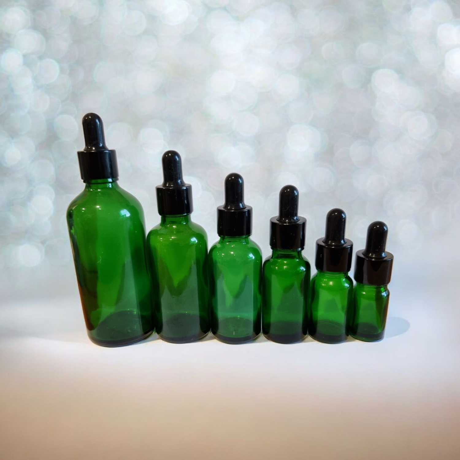GREEN GLASS BOSTON AROMA BOTTLES 18mm NECK - 5mL to 100mL with BLACK TEAT , BLACK CAP &amp; DROPPER
