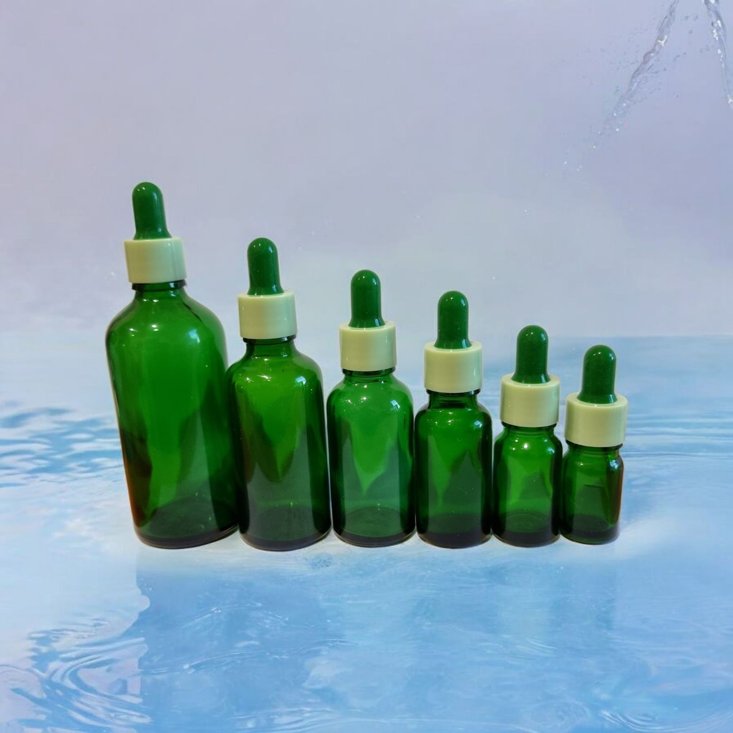 GREEN GLASS BOSTON AROMA BOTTLES 18mm NECK - 5mL to 100mL with GREEN TEAT , LIGHT GREEN CAP &amp; DROPPER
