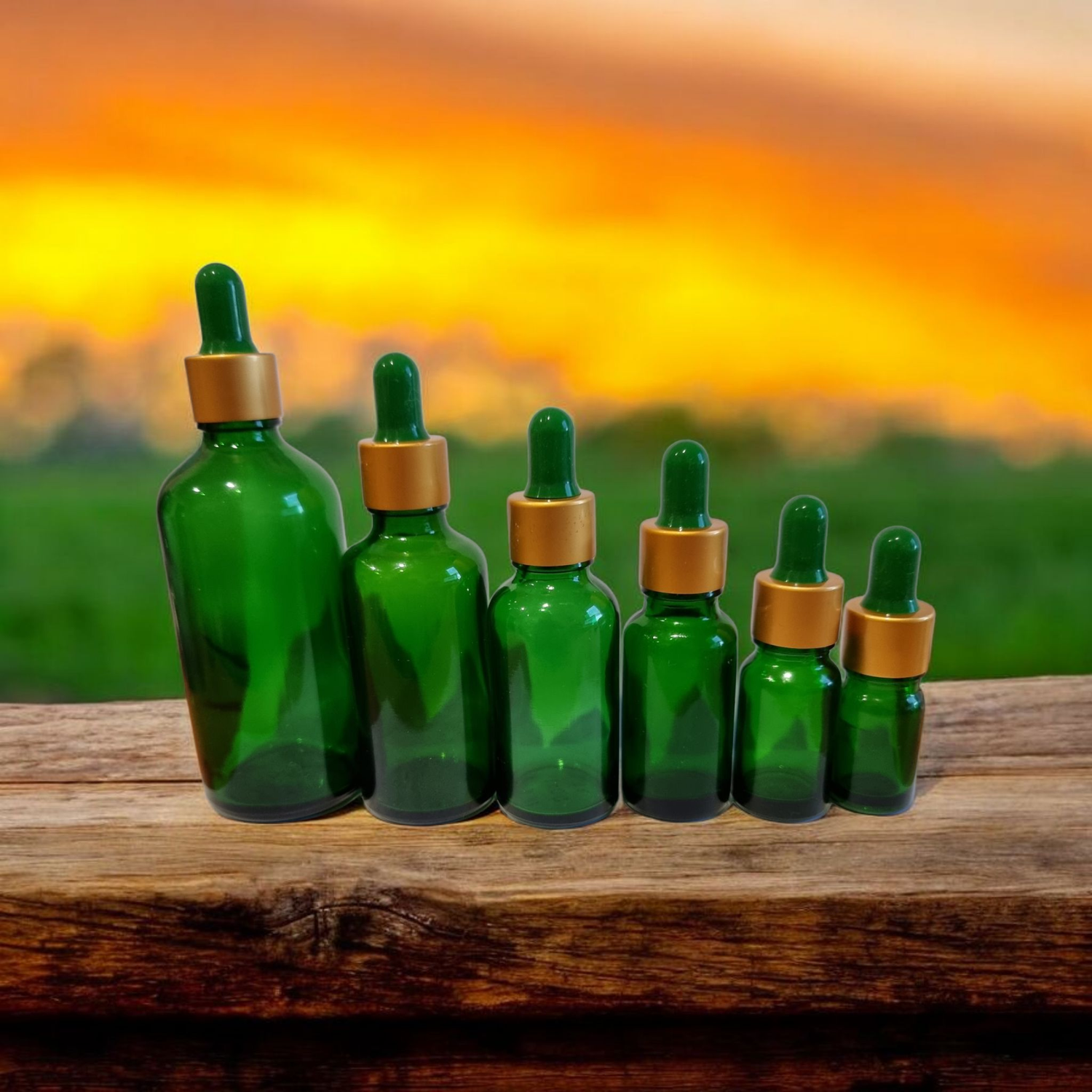 GREEN GLASS BOSTON AROMA BOTTLES 18mm NECK - 5mL to 100mL with GREEN TEAT , MATT GOLD CAP &amp; DROPPER