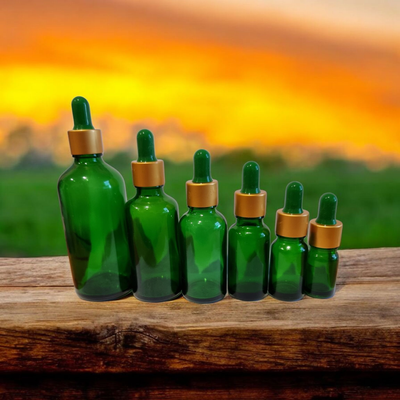 GREEN GLASS BOSTON AROMA BOTTLES 18mm NECK - 5mL to 100mL with GREEN TEAT , MATT GOLD CAP &amp; DROPPER