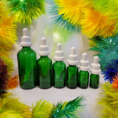 GREEN GLASS BOSTON AROMA BOTTLES 18mm NECK - 5mL to 100mL with WHITE TEAT , WHITE TAMPER (EURO) CAP &amp; DROPPER