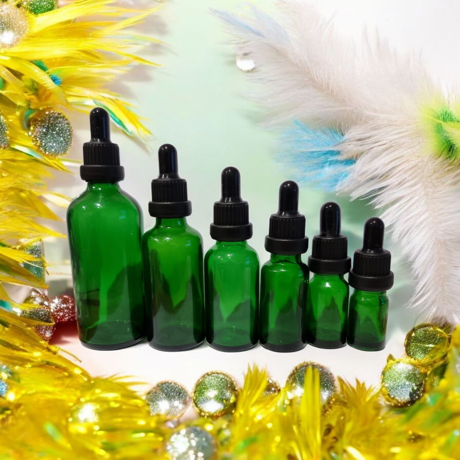 GREEN GLASS BOSTON AROMA BOTTLES 18mm NECK - 5mL to 100mL with BLACK TEAT , BLACK TAMPER (EURO) CAP &amp; DROPPER
