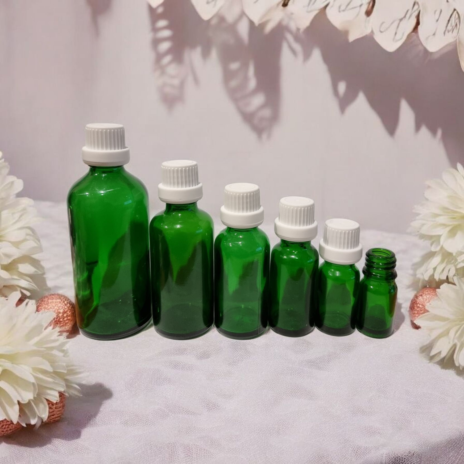GREEN GLASS BOSTON AROMA BOTTLES 18mm NECK - 5mL to 100mL with  , WHITE TAMPER (EURO) CAP &amp; DRIPULATOR