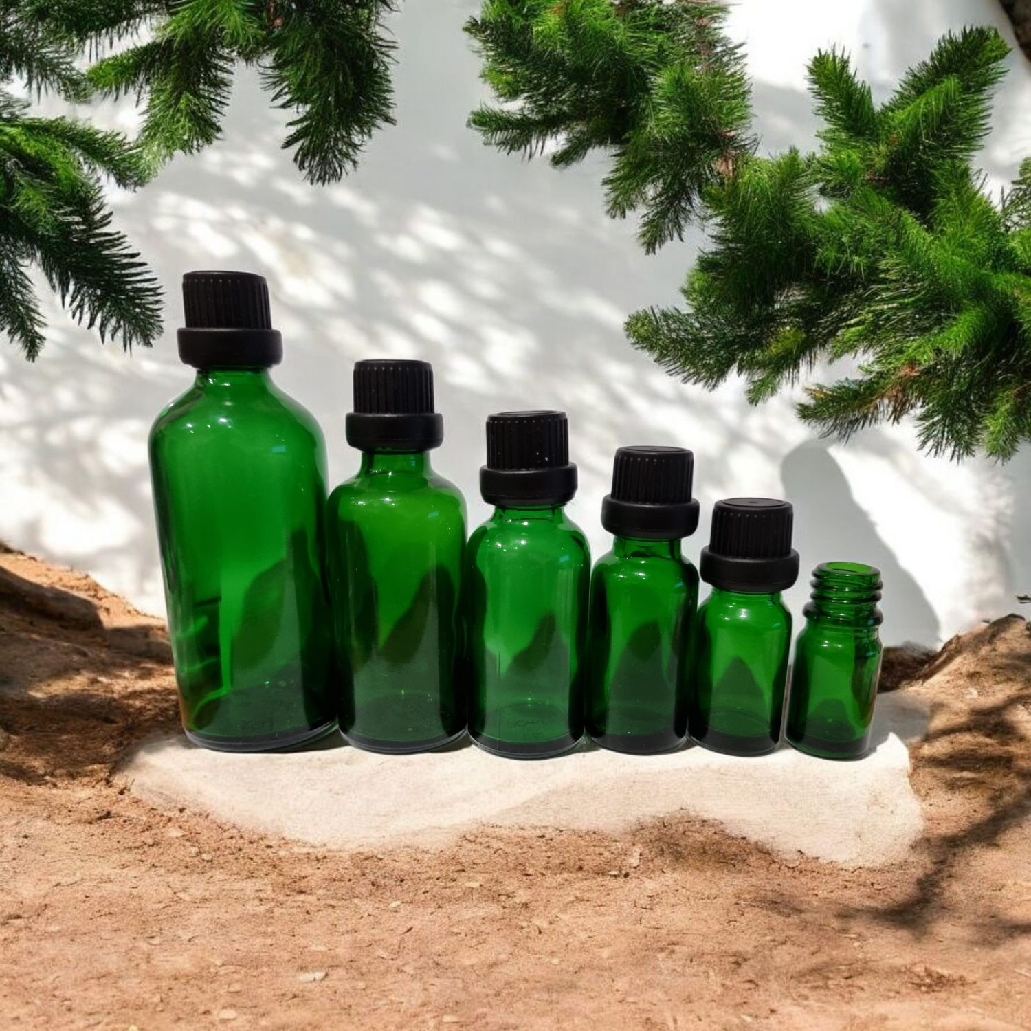 GREEN GLASS BOSTON AROMA BOTTLES 18mm NECK - 5mL to 100mL with  , BLACK TAMPER (EURO) CAP &amp; DRIPULATOR