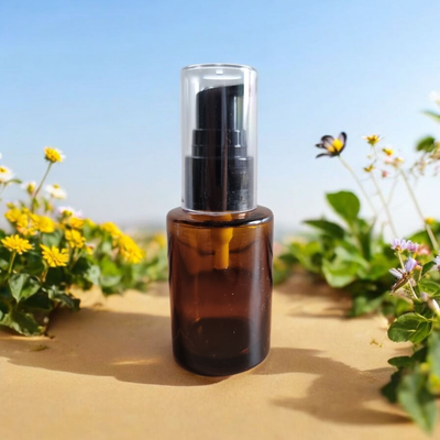 30ML AMBER (Full Glass Colour)  SQUARE SHOULDER BOTTLE WITH BLACK SERUM PUMP &amp; CLEAR OVERCAP - SPECIAL BUY