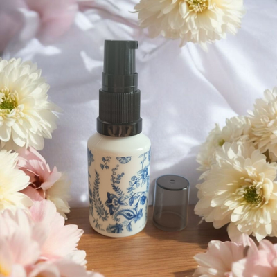 30mL SERUM PET (Plastic ♲) BOTTLE - Blue &amp; White Floral - SPECIAL BUY