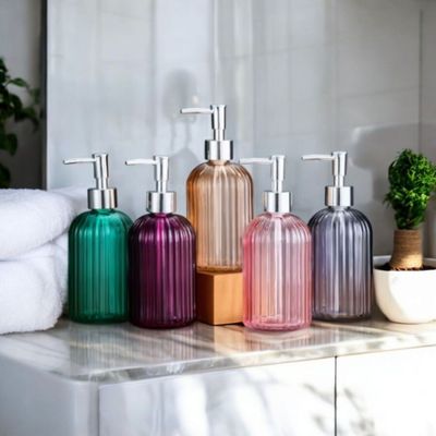 500mL , 400mL &amp; 200mL  RIBBED COLOURED/CLEAR GLASS &amp;  SILVER GOLD or BLACK LOTION PUMP - Chic Essential