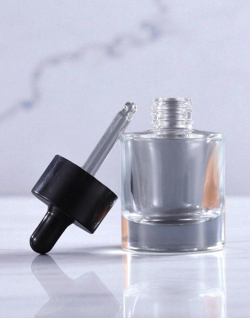 20mm SQUARE SHOULDER CLEAR GLASS DROPPER BOTTLE WITH  GLOSS ALUMINA BLACK CAP &amp; BLACK TEAT