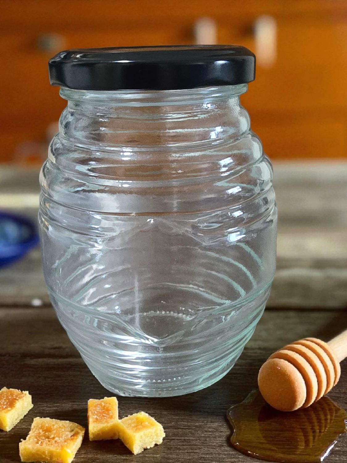 350mL (500g) Honey Hive Glass Jar with Choice of 63mm Lid