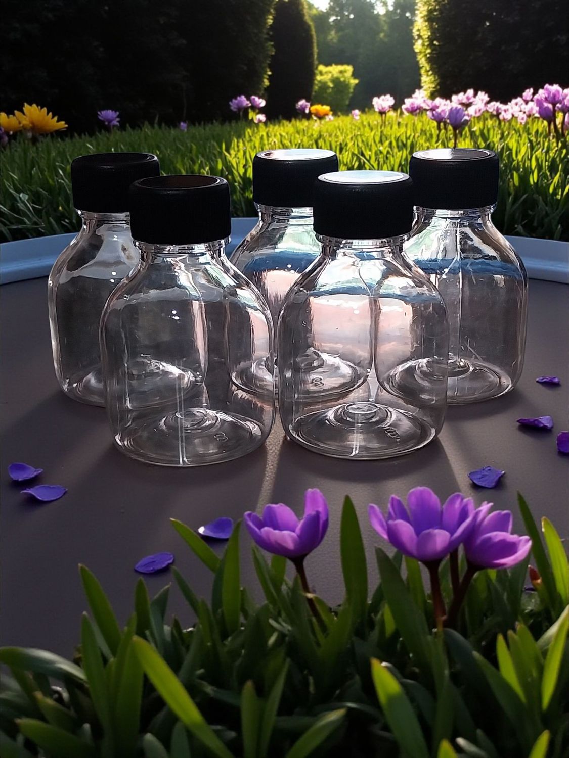 30mL BELL SHAPED (FOOD GRADE) PET (Plastic♲ ) BOTTLES WITH BLACK CAPS