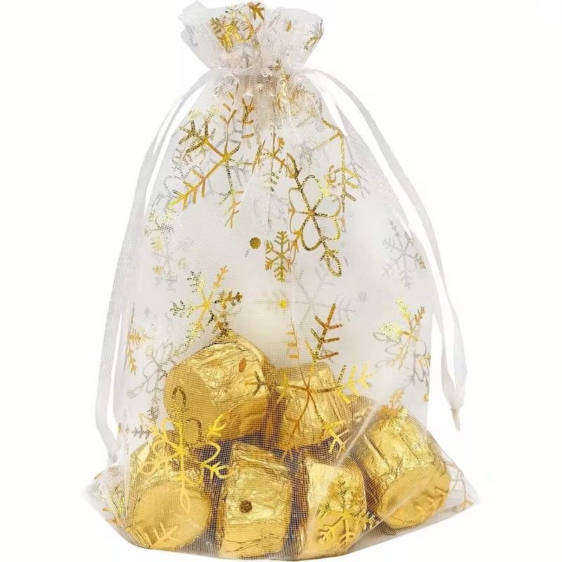10 x 15cm Xmas Organza Golden Snowflake Bag with Drawstings  - 10 pcs