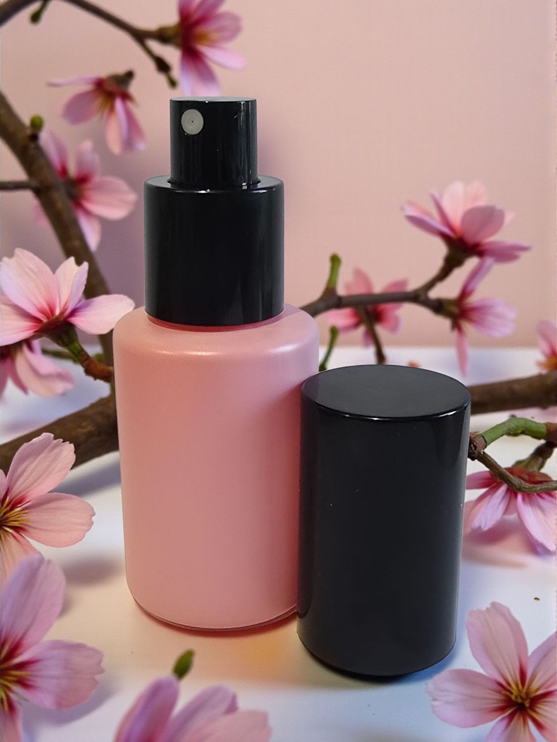 30ML PINK GLASS  SQUARE SHOULDER WITH BLACK OVERCAP ATOMISERS - SPECIAL BUY