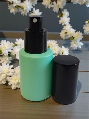 30ML TEAL GLASS  SQUARE SHOULDER WITH BLACK OVERCAP ATOMISERS - SPECIAL BUY