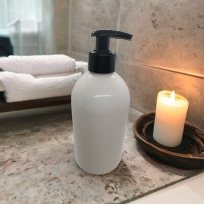 500mL WHITE PET (Plastic) (non ribbed) 28/410 BLACK Lotion Pump 2mL Dispensing