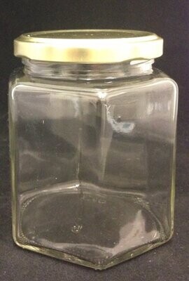 400 mL (500gm Honey Jar)  HEXAGONAL Glass Jar with  Choice of 70mm Metal Twist Cap (23 Pcs)