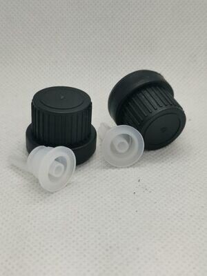 18mm BLACK Dripolator Tamper Caps (Euro Style) with Neck Insert FOR AROMA BOTTLES Only - PACK of 100