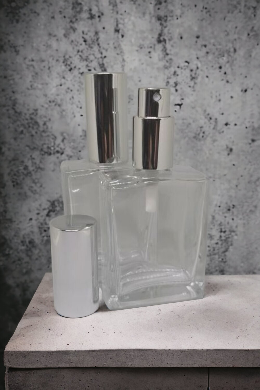 50mL Rectangular Clear Glass with Gloss Silver Atomiser and Overcap -Bulk 10 Pcs