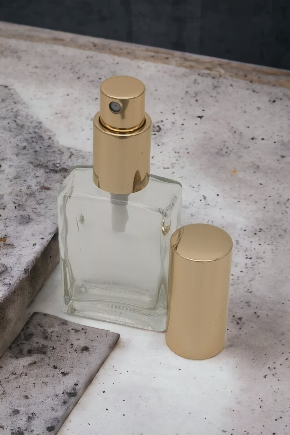 50mL Rectangular Clear Glass with Gloss Gold Atomiser and Overcap - BULK 10Pcs