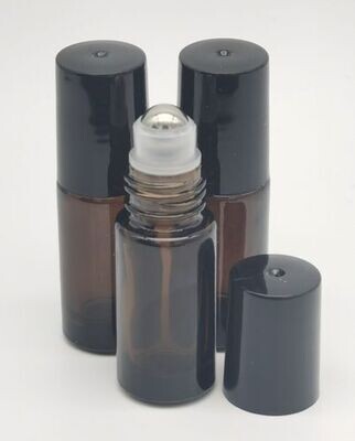 5ml AMBER Thick Glass 16mm Neck Roller with Black Cap &amp; S/Steel Roller Ball PACK of 10