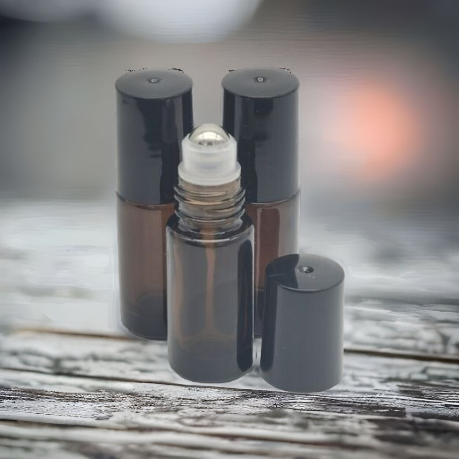 5ml AMBER Thick Glass 16mm Neck Roller with Black Cap &amp; S/Steel Roller Ball PACK of 10