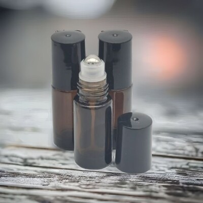 5ml AMBER Thick Glass 16mm Neck Roller with Black Cap &amp; S/Steel Roller Ball PACK of 10