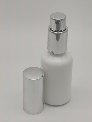 30ml White (Ceramic) T/E Boston Round Glass Bottle (18mm neck) with Gloss Silver Atomiser