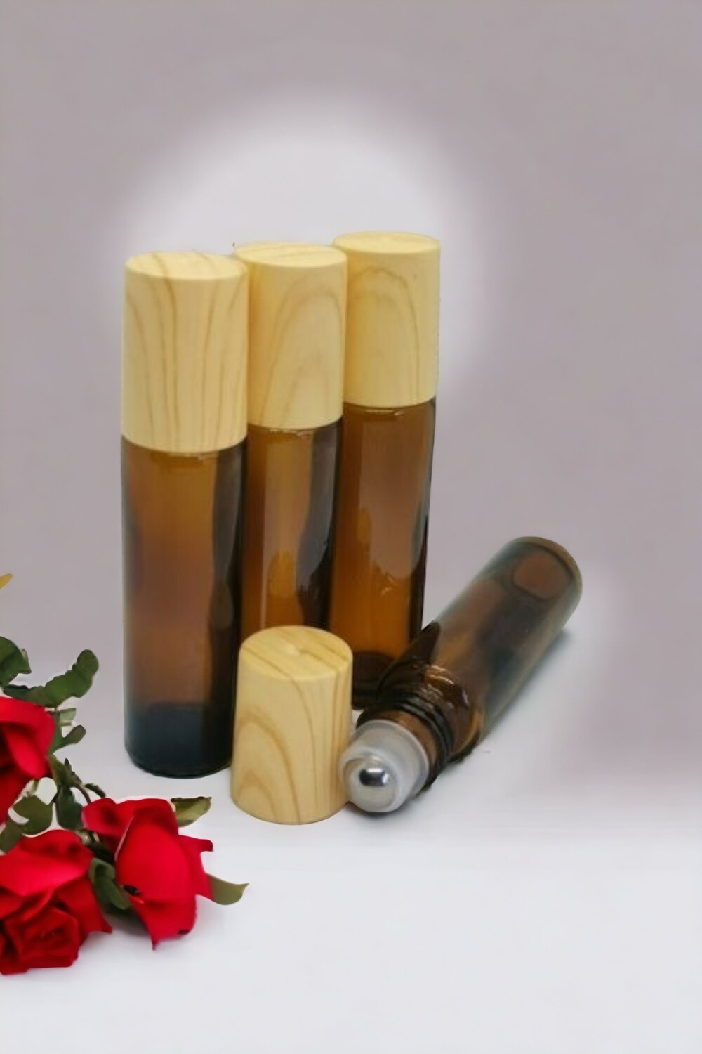 10ml Amber THICK GLASS with Metal Roller with Imitation Wood Grain Screw Cap - Pack of 8