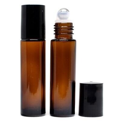 10ml Amber Thick Glass with CLEAR HOUSING &amp; Metal Roller with Black Screw Cap - SPECIAL BUY