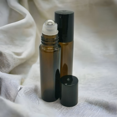 10ml Amber Thick Glass with CLEAR HOUSING &amp; Metal Roller with Black Screw Cap - SPECIAL BUY