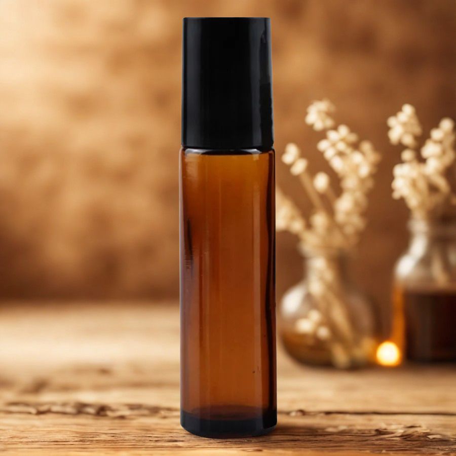 10ml Amber THICK Glass with HOUSING &amp; Metal Roller with CHOICE OF Screw Cap Colour - SPECIAL BUY
