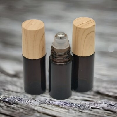 5ml AMBER Thick Glass Roller with Imitation Timber Cap &amp; S/Steel Roller Ball PACK of 10