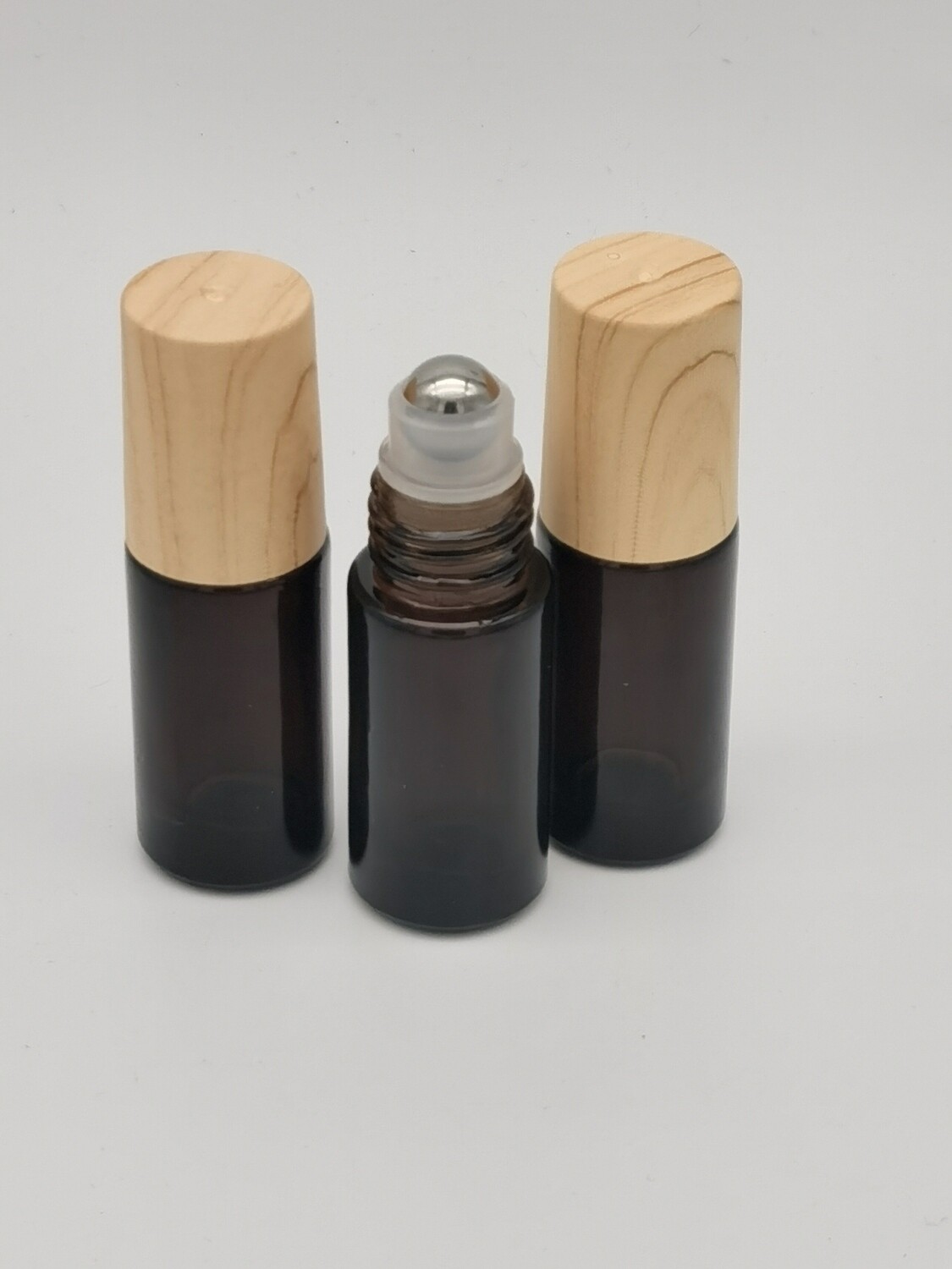 5ml AMBER Thick Glass Roller with Imitation Timber Cap &amp; S/Steel Roller Ball