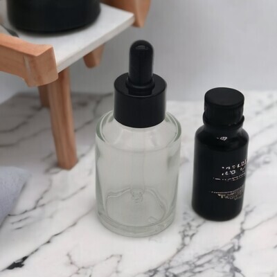 60mL Clear Round Dropper Bottles Black Teat Gloss Black Cap