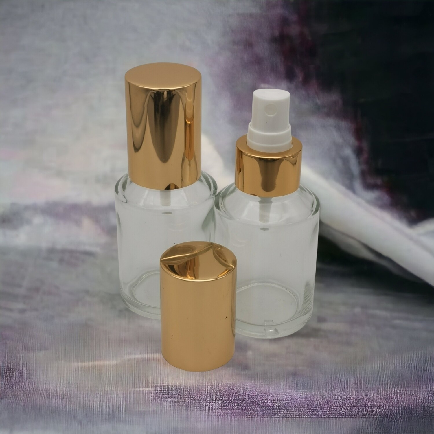 60mL Clear Round  Glass with Gloss Gold &amp; White Atomiser with Gloss Gold Overcap