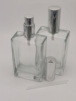 100ml Rectangle Perfume Clear Glass Bottle with 18mm GLOSS SILVER Atomiser - Pack of 10