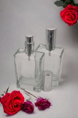 100ml Rectangle Perfume Clear Glass Bottle with 18mm GLOSS SILVER Atomiser - Pack of 10
